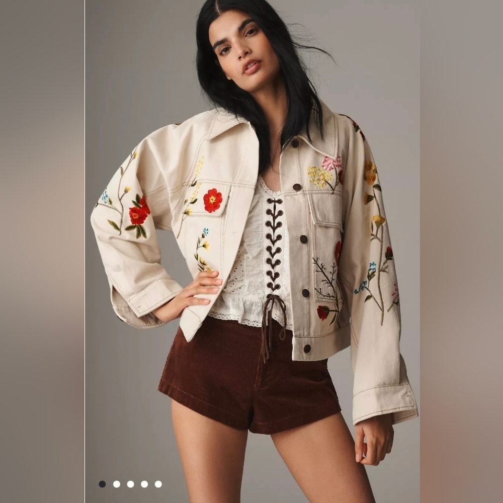 Anthropologie Limited Edition Cream Floral Embroidered Jean Jacket - Picture 5 of 16